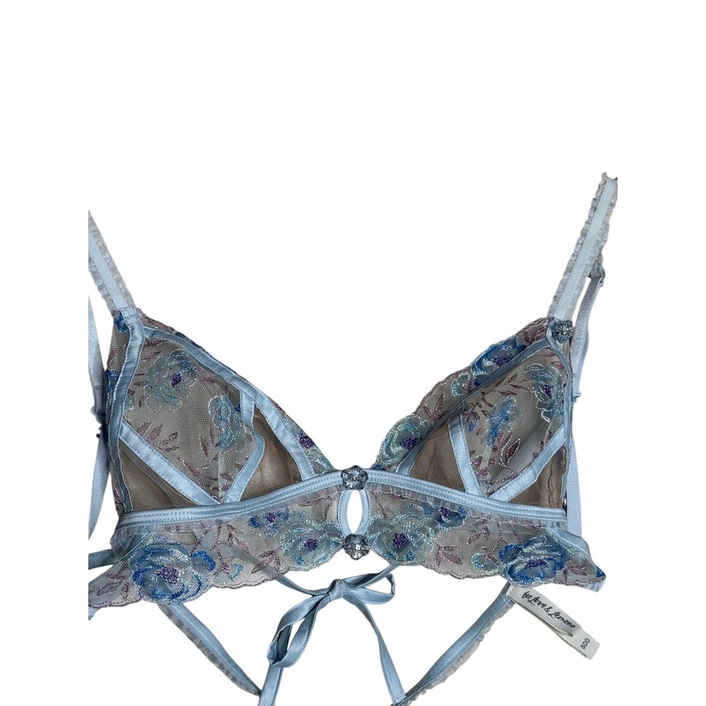 For Love & Lemons Blue Embroidered Sheer Bralette SDD Lace Tie Back - Picture 5 of 7